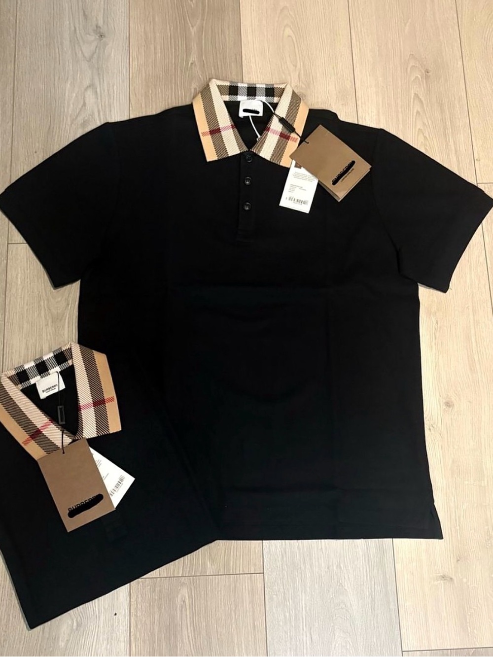 Burberry Black Polo with Signature Beige Check Collar